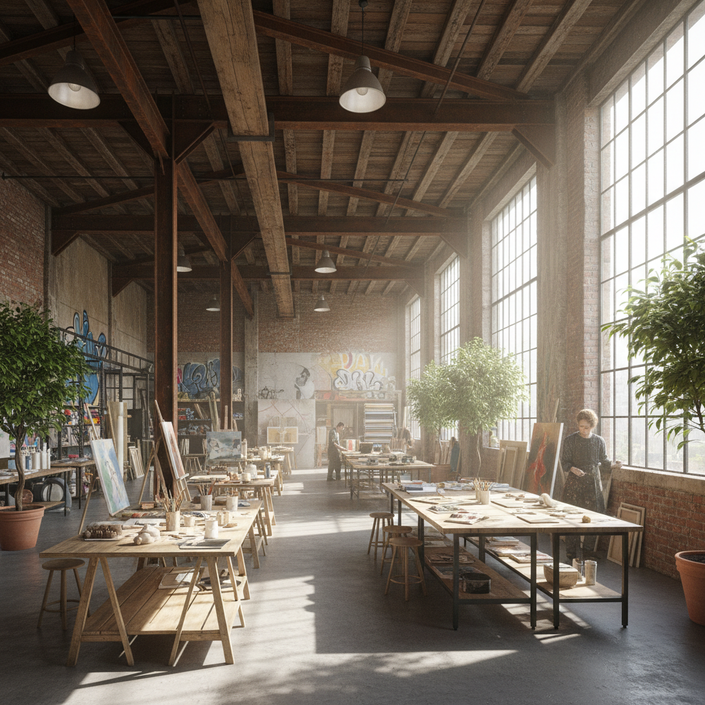 Industrial warehouse interior with exposed brick walls and concrete floors converted to studio space