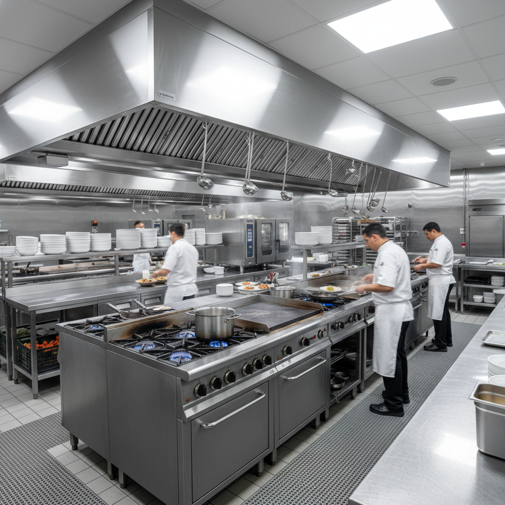 Commercial restaurant kitchen with stainless steel equipment and professional chefs in food service operation