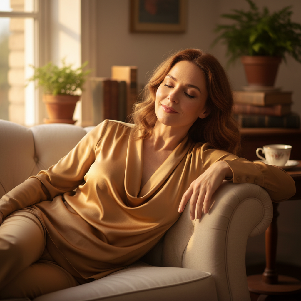 Woman in draped silk blouse, relaxed posture, warm afternoon light