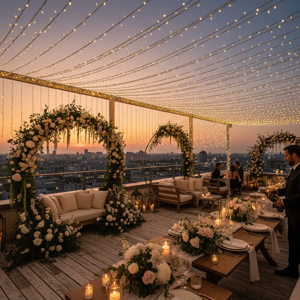 Intimate rooftop dining setup with fairy lights and summer flowers, London skyline in the background, evening golden hour