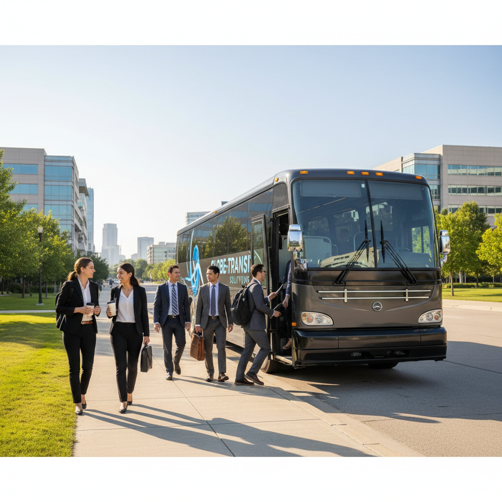 Employee shuttle bus service for corporate commute, workers boarding charter bus at office campus