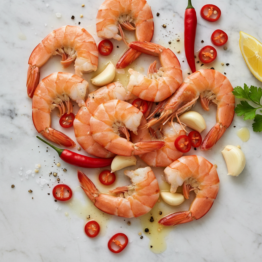 Garlic butter dripping from split wood-fired prawns onto red Mozambican soil-colored tiles