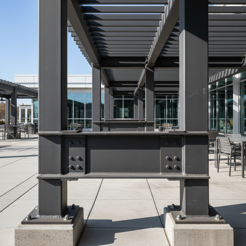 Commercial outdoor structure installation at restaurant or hotel, large-scale pergola system with premium finishes