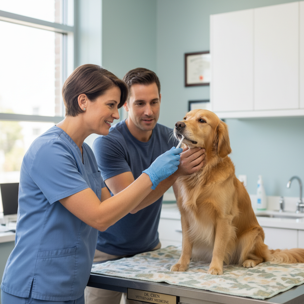 Vet giving friendly advice to a pet owner