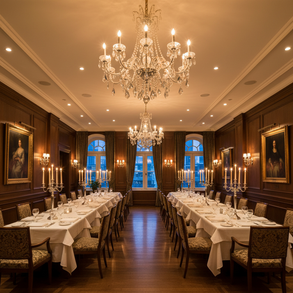 Private dining room with crystal chandelier and immaculate table setting for VIP guests