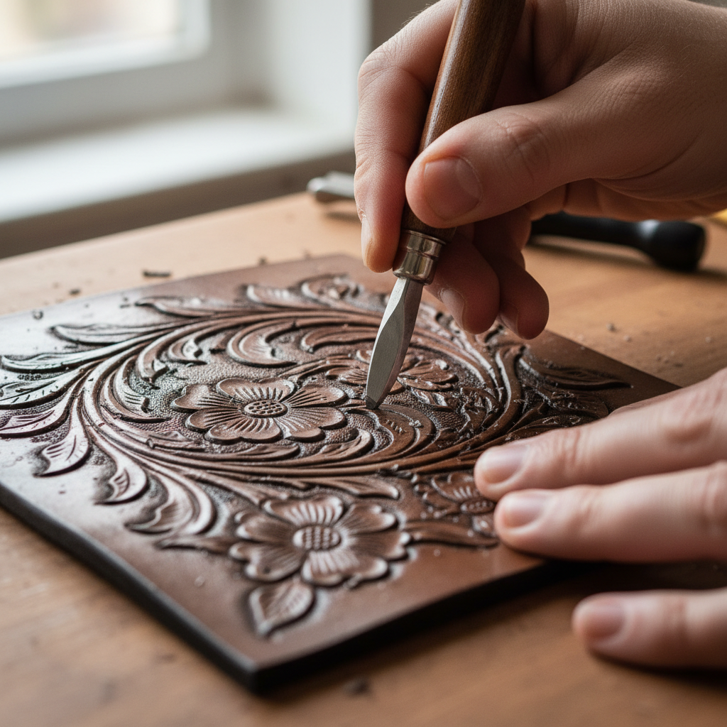 Hand holding a swivel knife carving a floral pattern into dampened leather