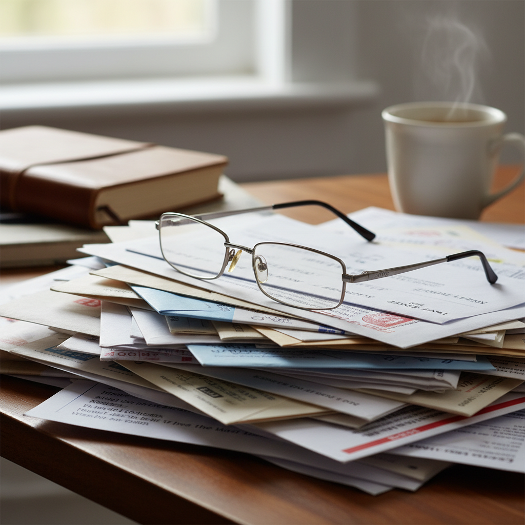 Reading glasses folded on a stack of mail and correspondence
