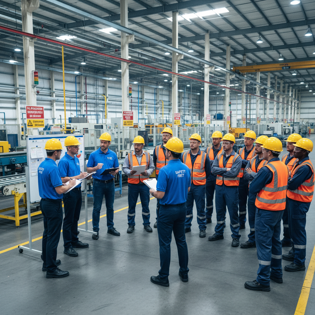 Safety team meeting with workers in a manufacturing facility