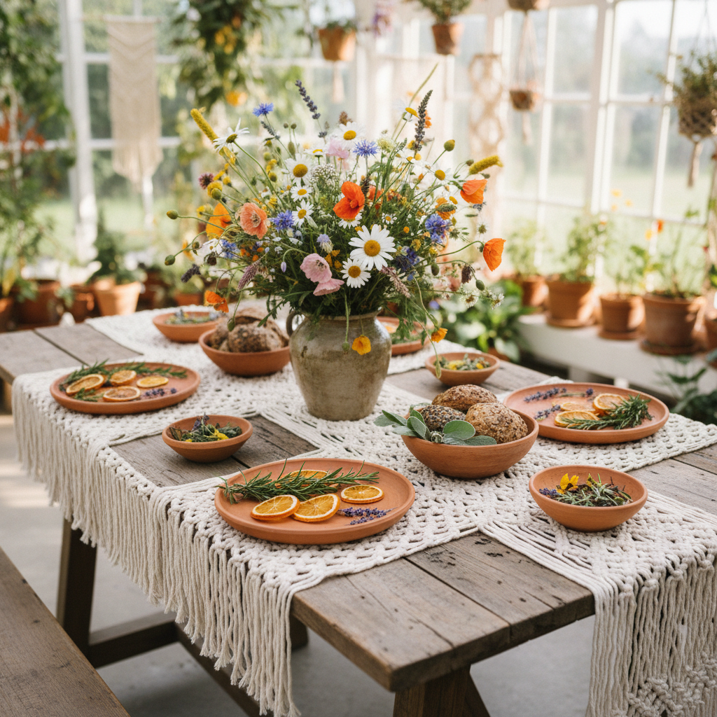Crochet bohemian table runner on wooden dining table with plants