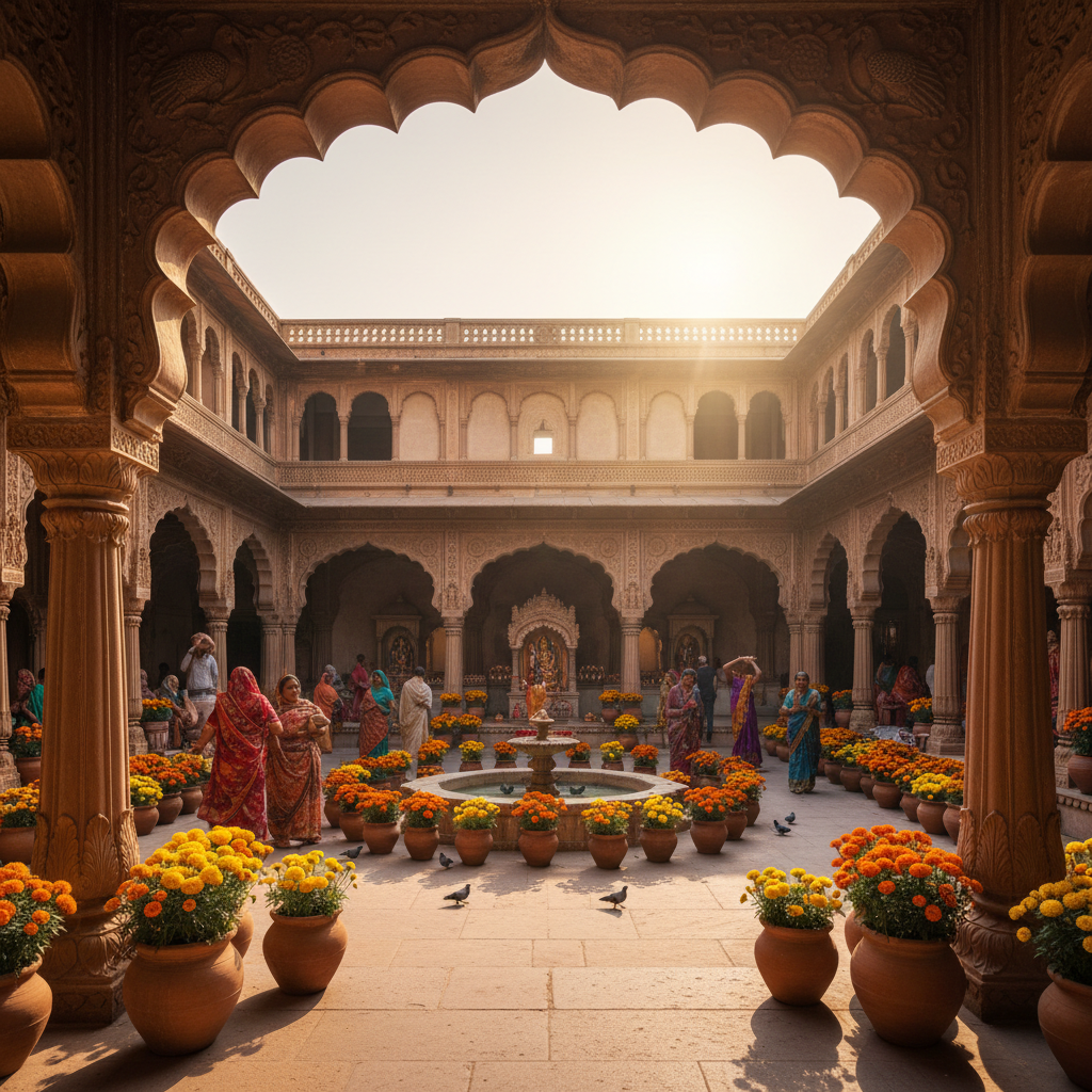 Heritage haveli courtyard with traditional Benaras architecture and marigold decorations