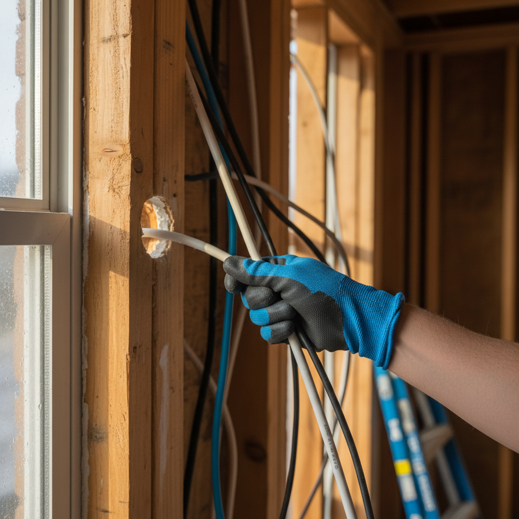 Gloved hand pulling Romex wire through wall cavity, fresh electrical rough-in with morning light through unfinished window frame