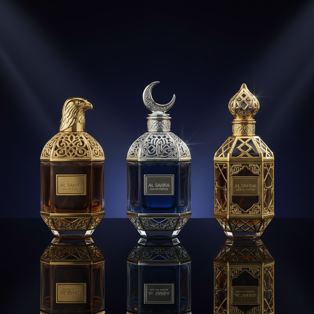Ornate Arabic perfume bottles in dim candlelit room, rich amber tones, deep shadows, opulent dark setting
