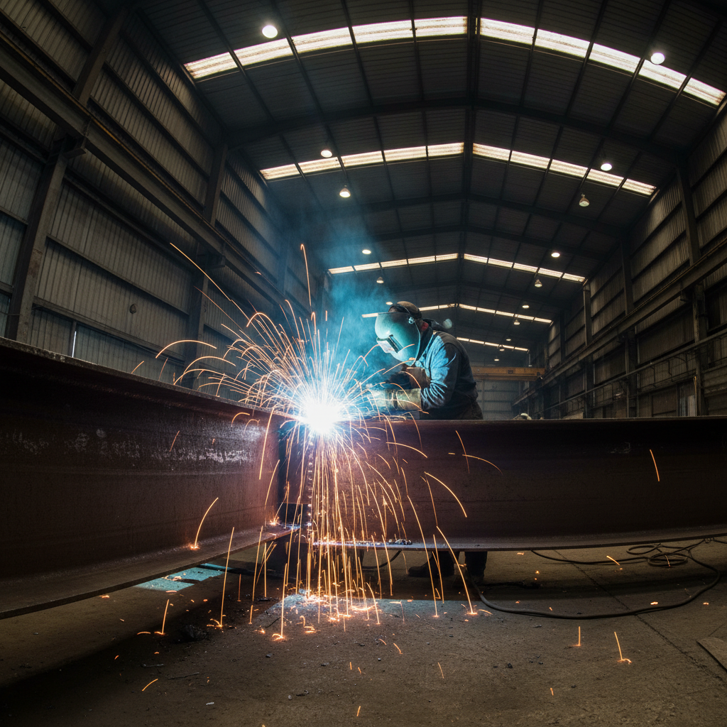 Steel armature welding in warehouse studio with sparks