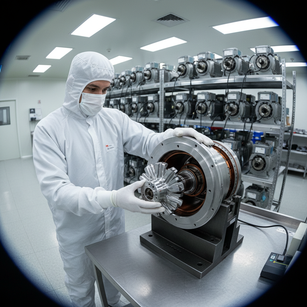 Technician in clean room lowering rotor into stator housing, rows of finished motors on steel shelving in background bokeh
