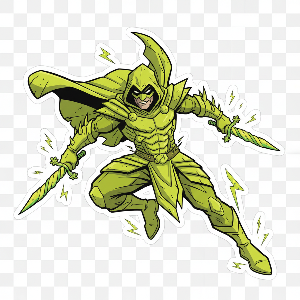 Karakter rogue dengan kostum hitam dan belati kembar dalam pose stealth yang dinamis