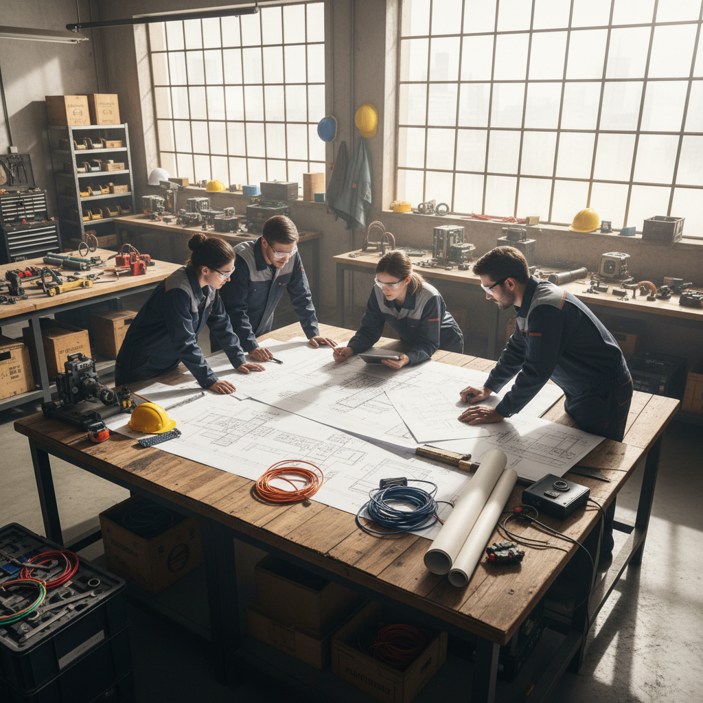 Engineering team reviewing technical schematics in industrial facility, collaborative environment