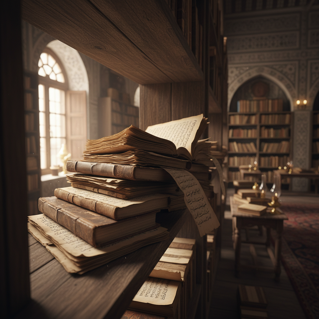 مكتبة تراثية إسلامية بأرفف خشبية مليئة بكتب المخطوطات القديمة والمصاحف، إضاءة دافئة