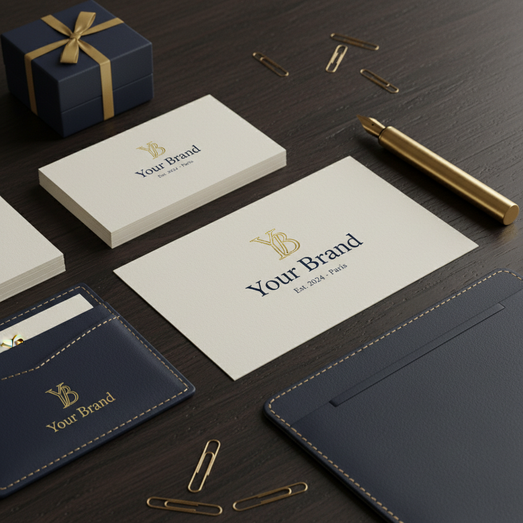 Brand strategy moodboard and visual identity system spread on dark desk with gold accents
