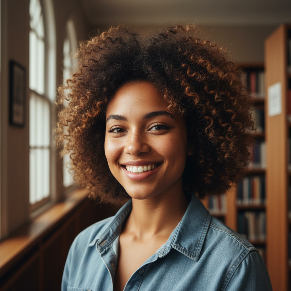 Maya Johansson-Park, a young woman with warm brown skin and natural hair, smiling in a library setting