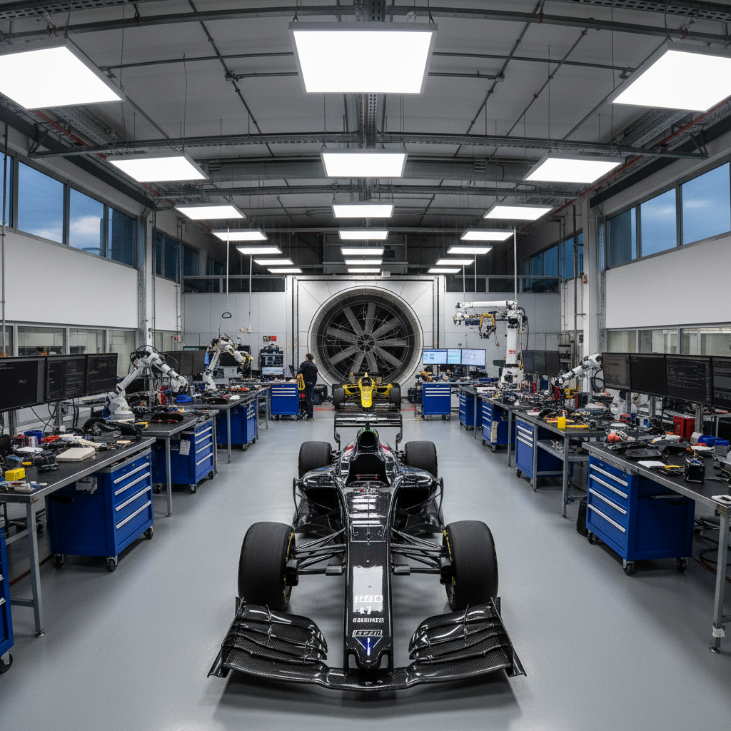Formula racing team factory floor with carbon fibre components and wind tunnel testing equipment