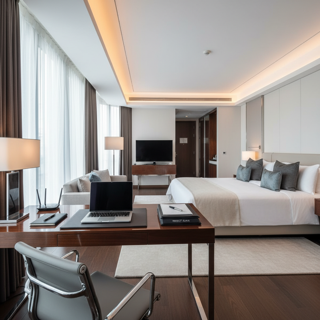Executive hotel room with sophisticated decor, work desk, premium bedding, bright room