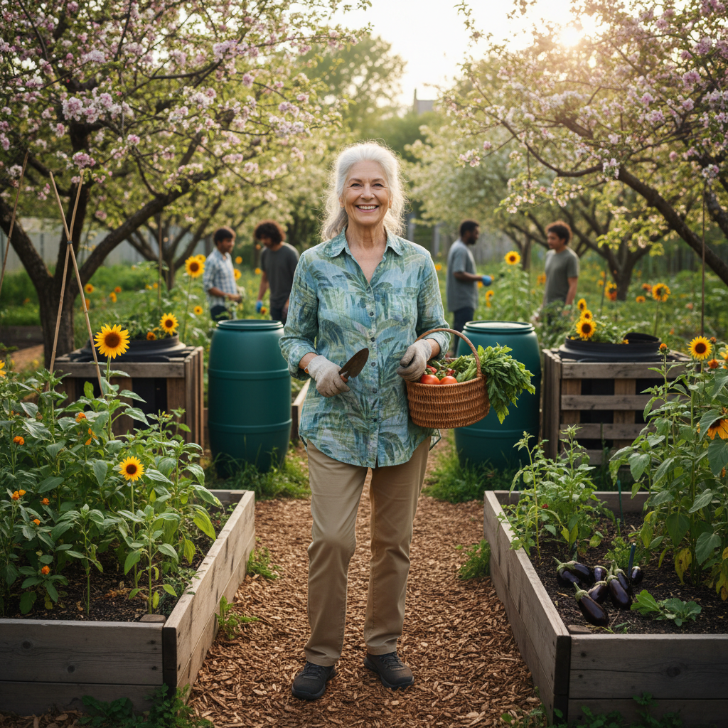 Retired teacher and Seedling founder Gloria Washington standing in a community garden in East Baltimore, surrounded by raised beds and rain barrels