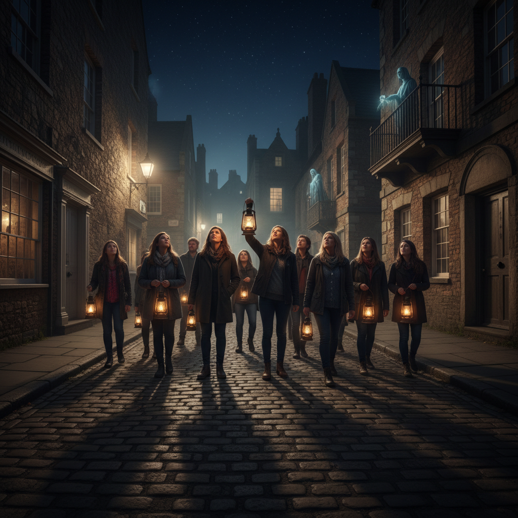 Ghost tour group walking through historic Newcastle streets at night under amber lantern light