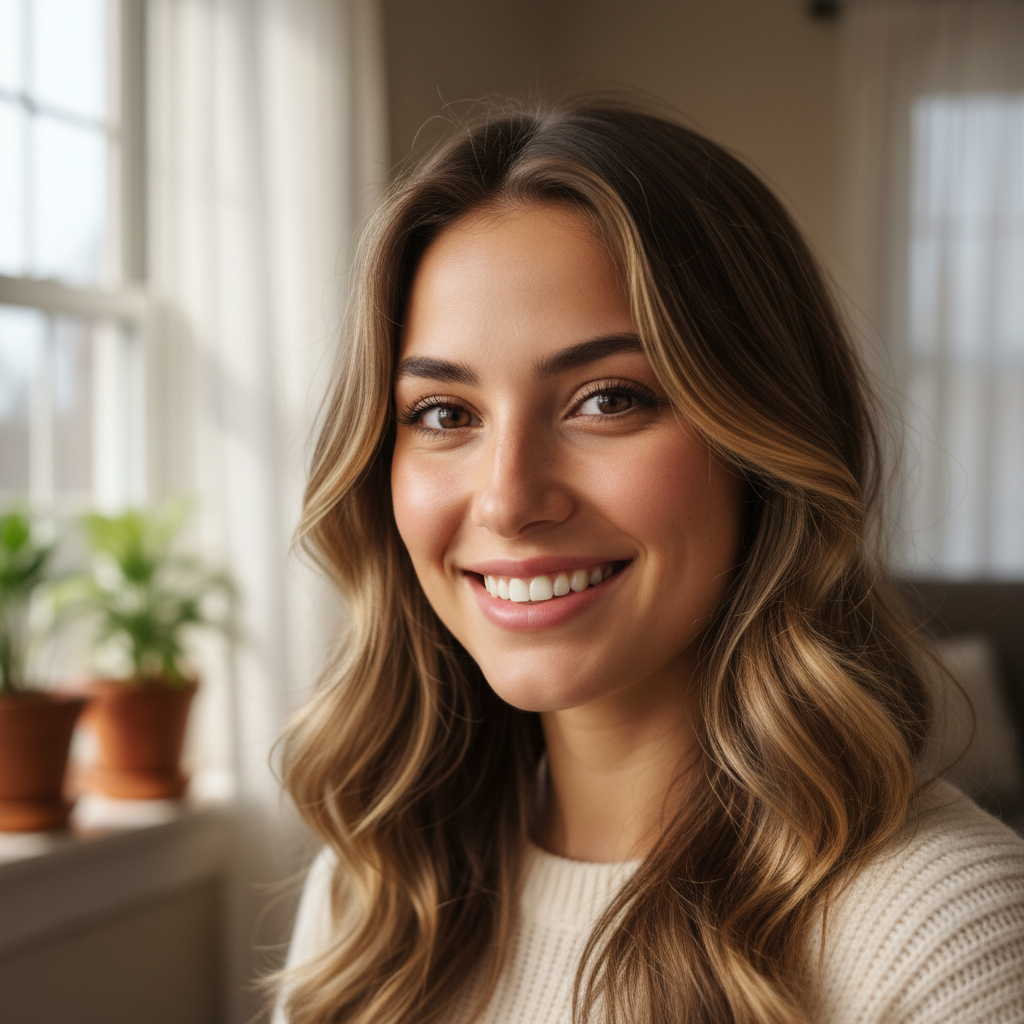 Young woman with expressive eyes and genuine smile, editorial portrait