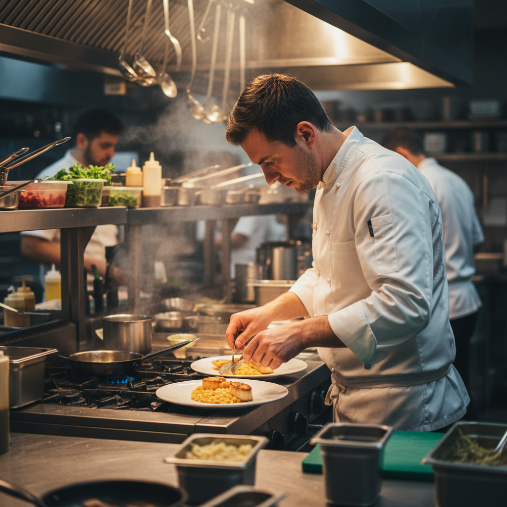 Line cook in ventilated white jacket working at a commercial kitchen station during service