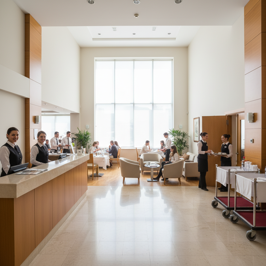 Bright hotel reception area with warm lighting, terracotta accents, and welcoming front desk, airy lobby space