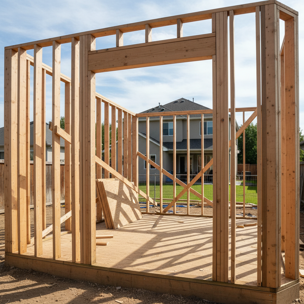 Large multi-family residential development under construction with extensive wood framing across multiple units in California