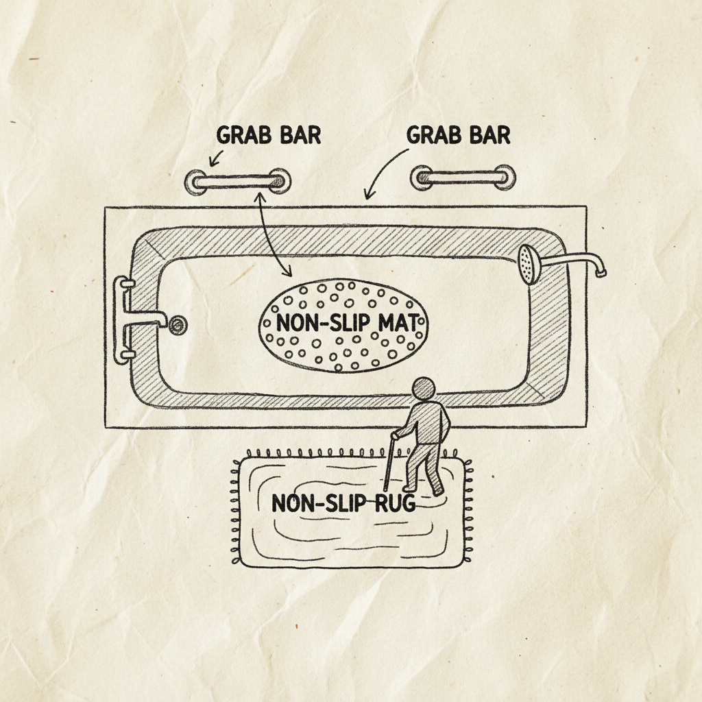 A simple hand-drawn bathroom safety diagram showing grab bar placement and non-slip mat positioning near a bathtub
