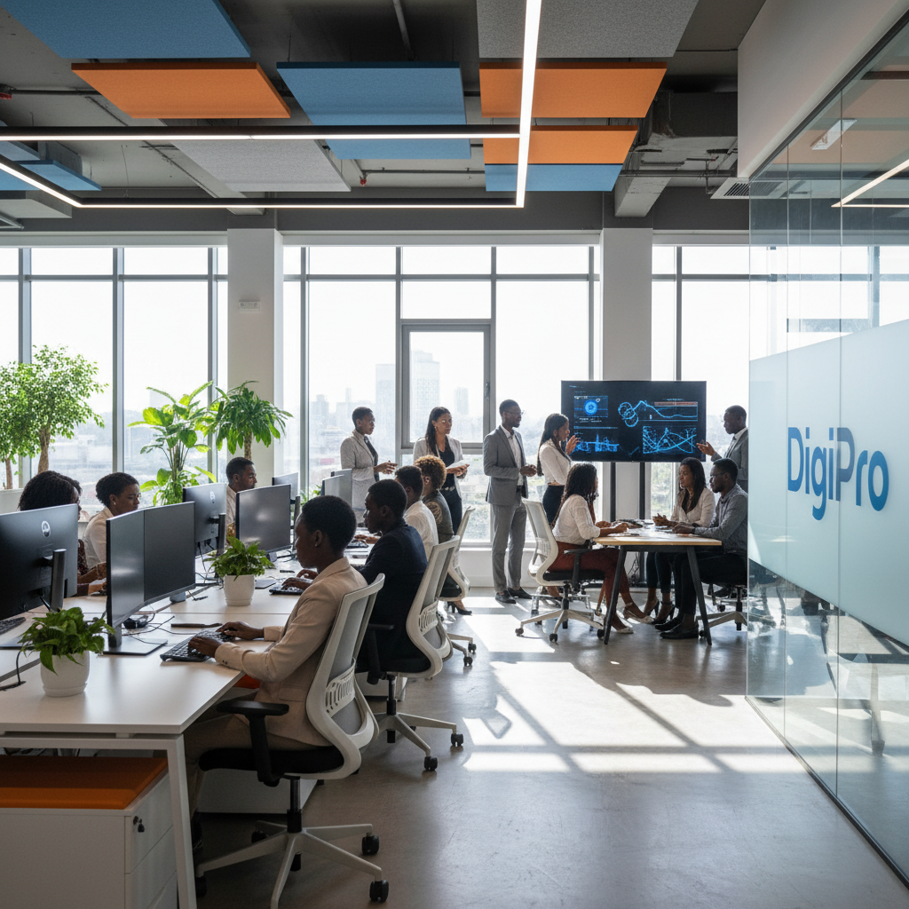 Modern office workspace with team collaborating