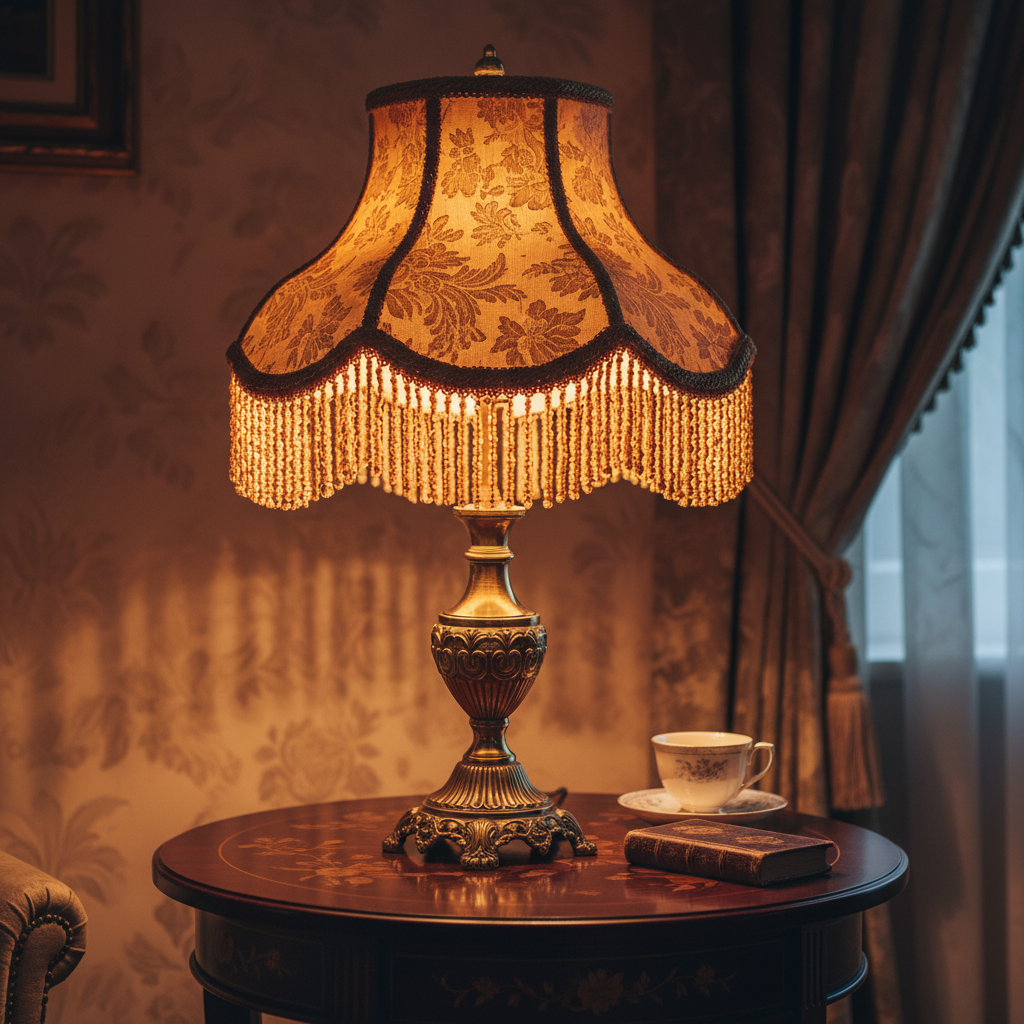 Detail of Victorian brass lamp with fringe shade and lacquer side table