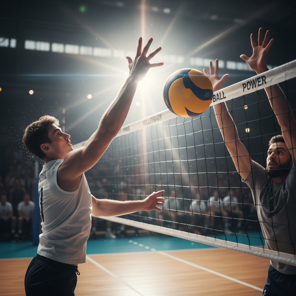 Volleyball player executing a powerful kill shot, ball compressing against fingertips with the net rippling in the background