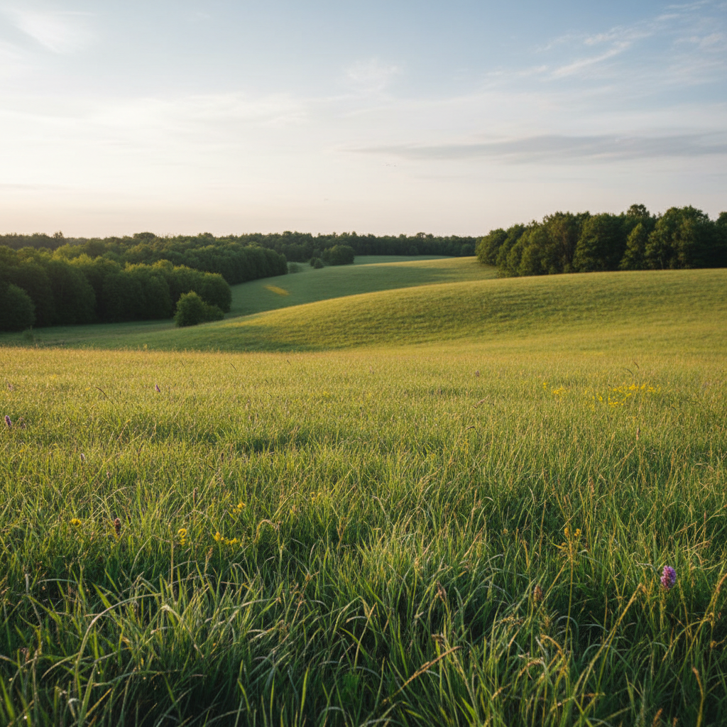 Rolling green hillside with meadow grass and distant tree line in the Catskill mountains