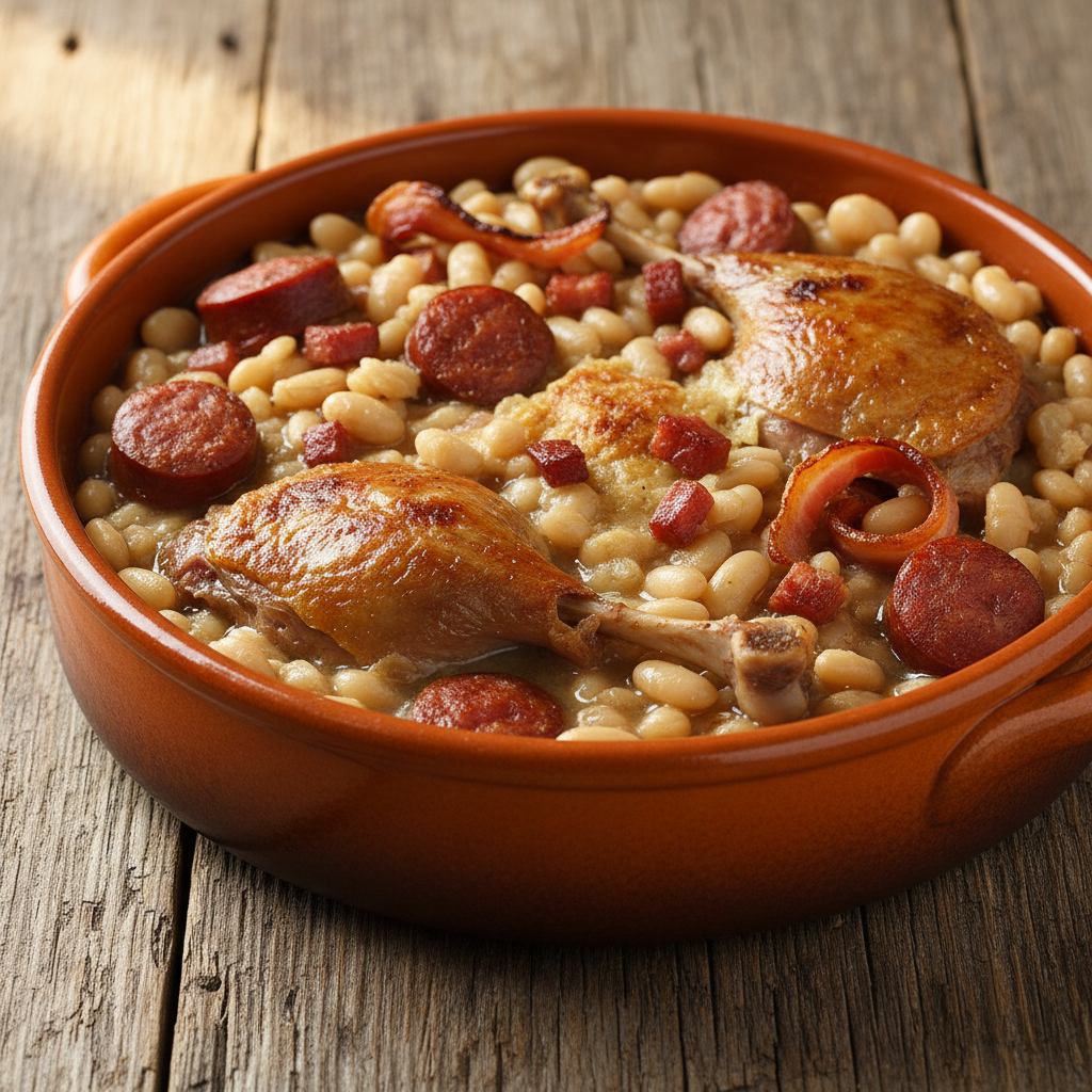 Cassoulet in traditional earthenware pot, white beans and confit duck, rustic French farmhouse light