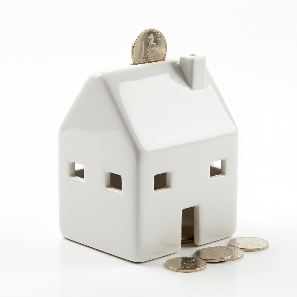 Tirelire en forme de maison avec pièces de monnaie suisses symbolisant l'épargne pour l'immobilier