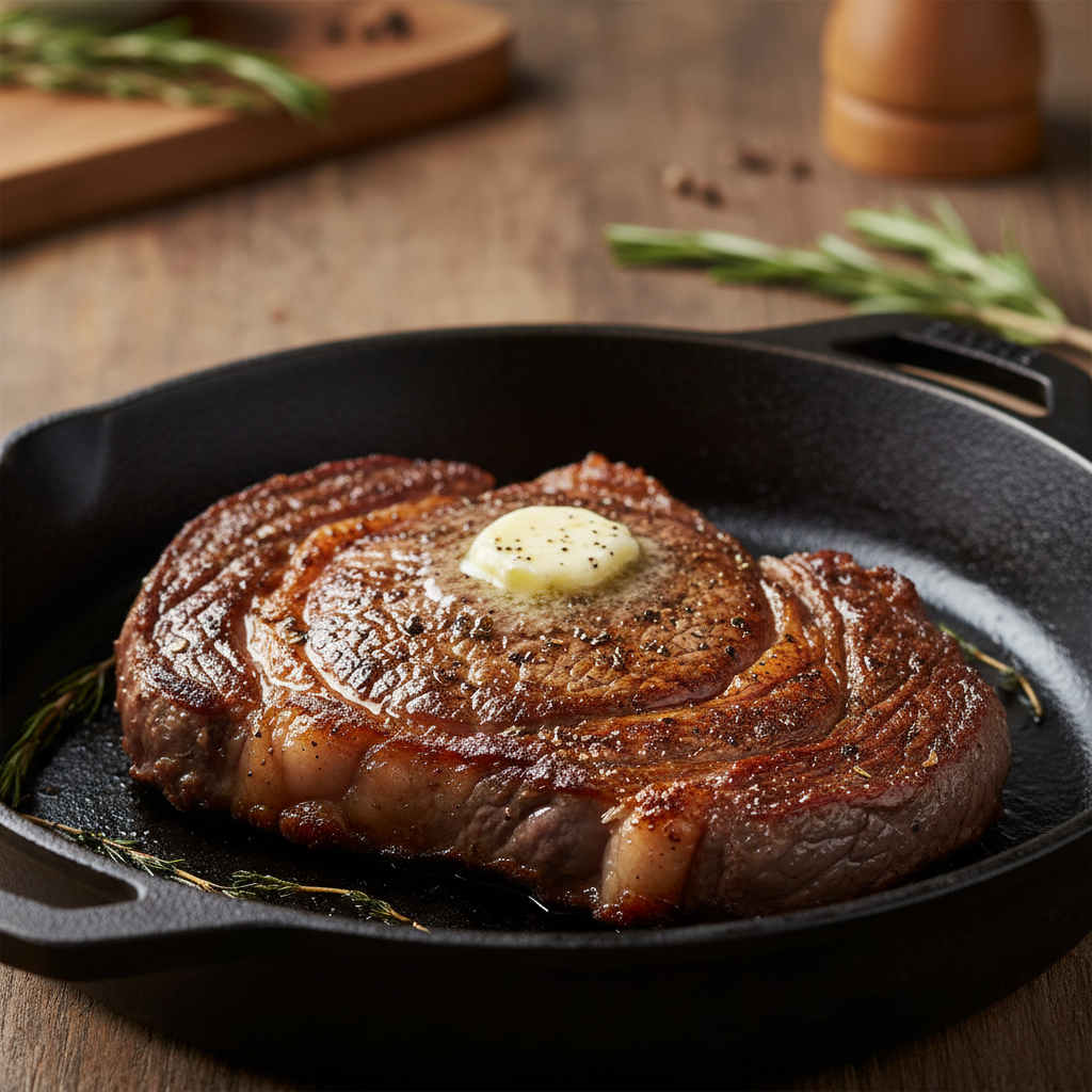 Grilled ribeye steak with herb butter and roasted vegetables on dark cast iron skillet