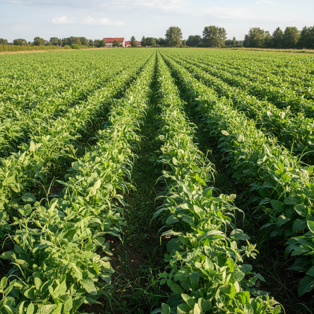 Close-up of green leafy agricultural crop rows in sunlight, organic farming, healthy plant growth