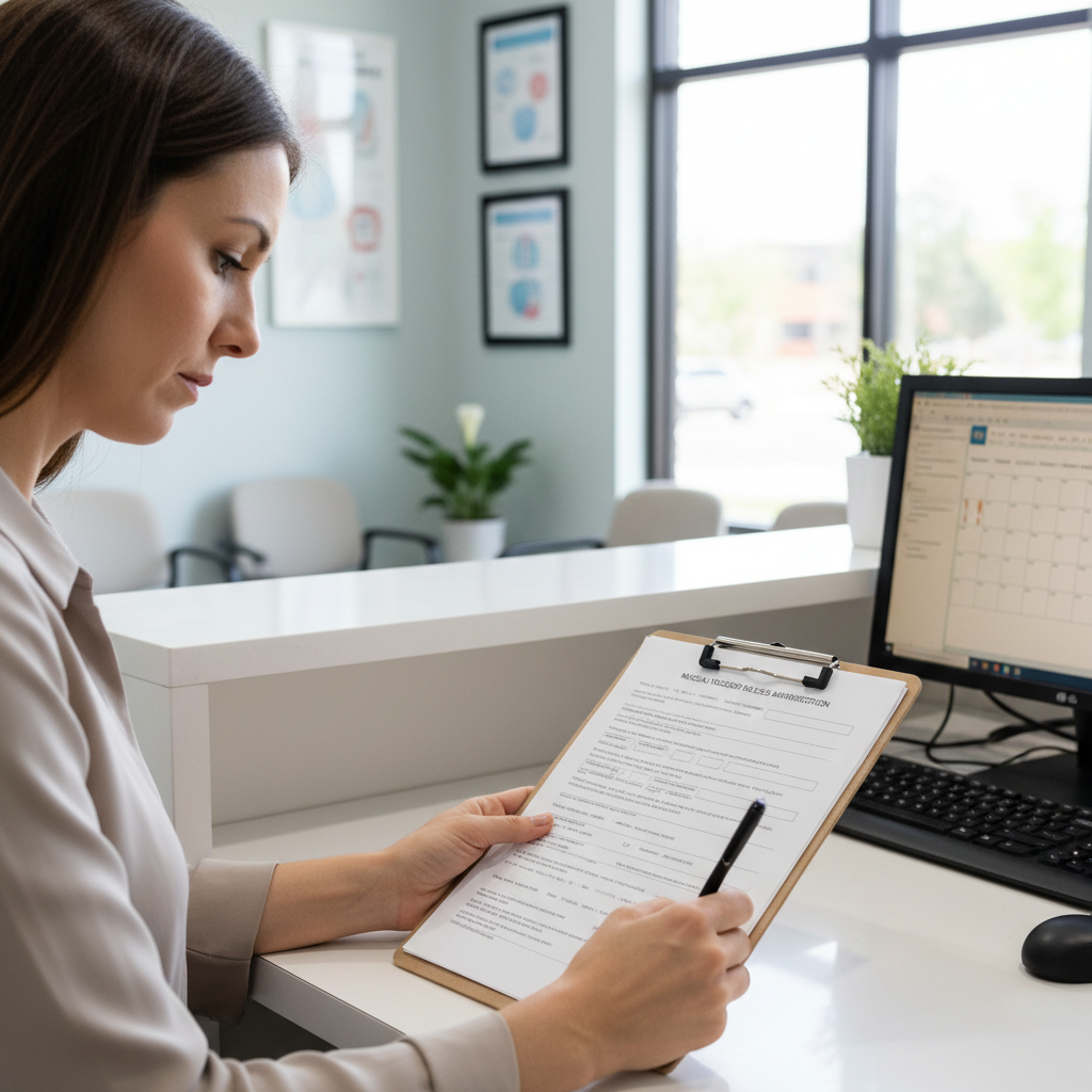 Person filling out a simple online form on a laptop in a calm home office