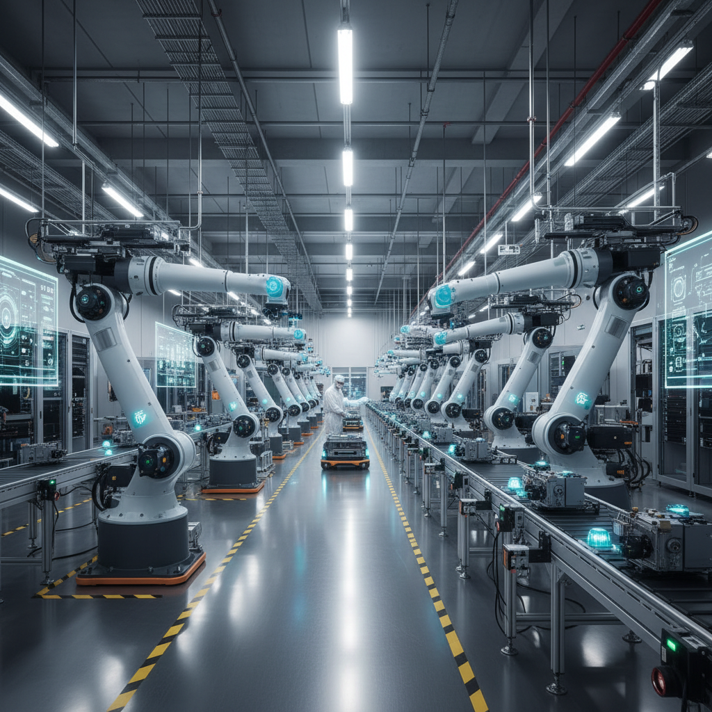 Automated industrial manufacturing facility — robotic assembly systems, precision engineering operations, intelligent production infrastructure