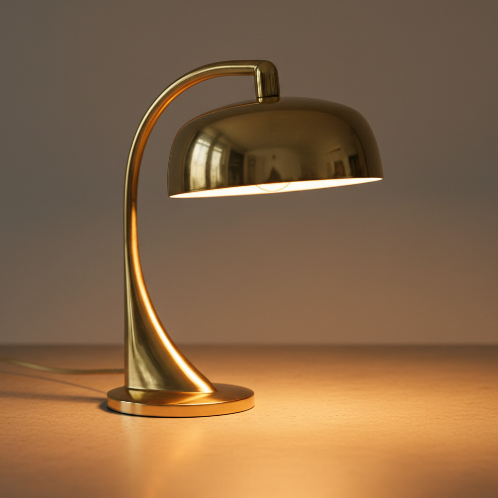 Polished brass mid-century modern lamp with warm amber glow