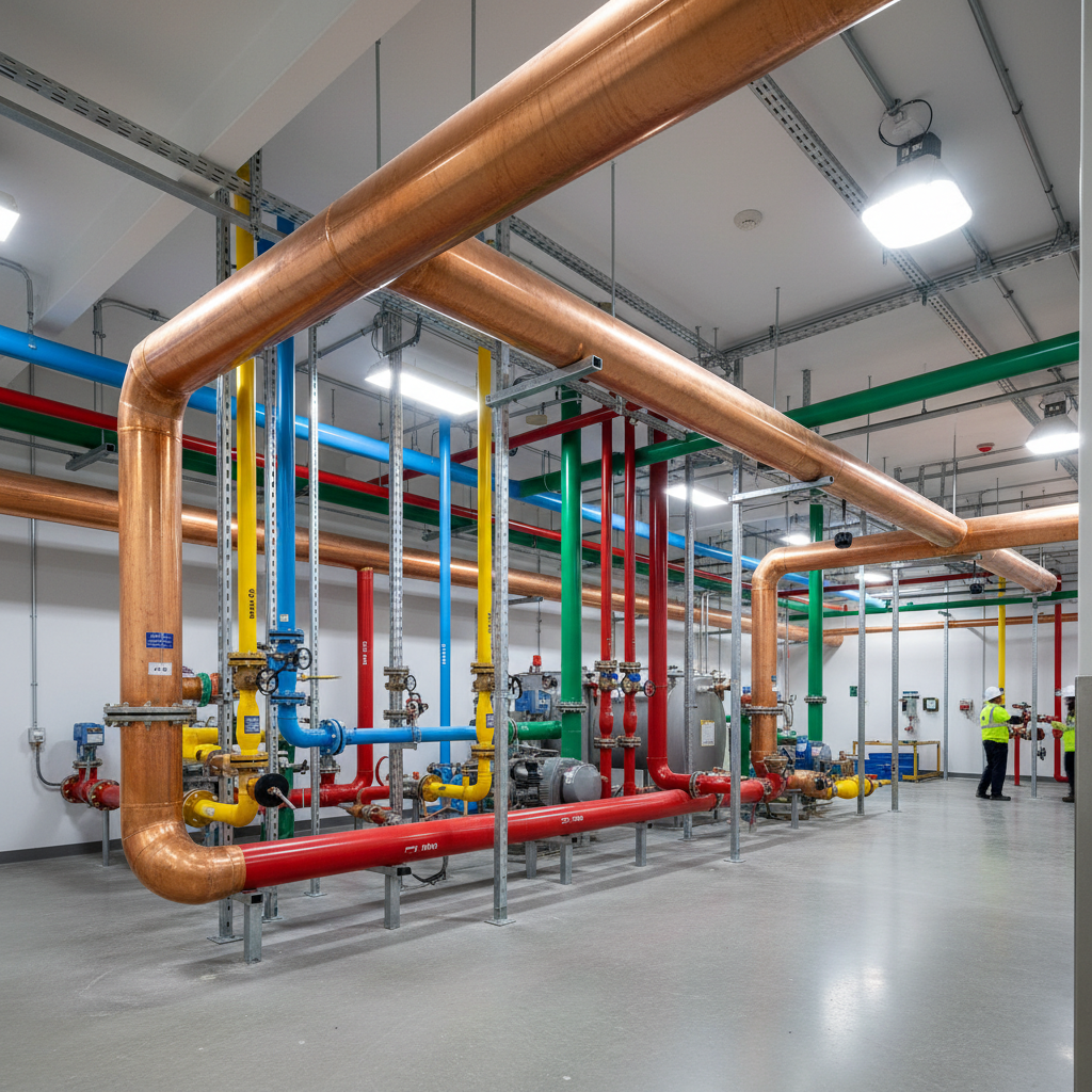 Commissioned hospital central plant with copper headers and color-coded process piping under LED high-bays