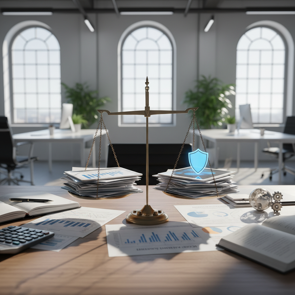Modern bright financial office with clean minimalist design, natural light, professional working environment