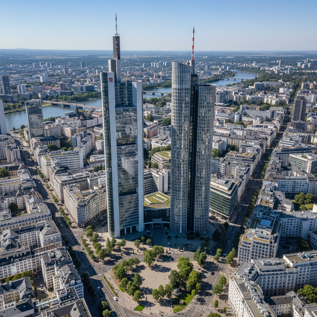 Frankfurt banking district tall glass towers at dusk, financial capital of Germany