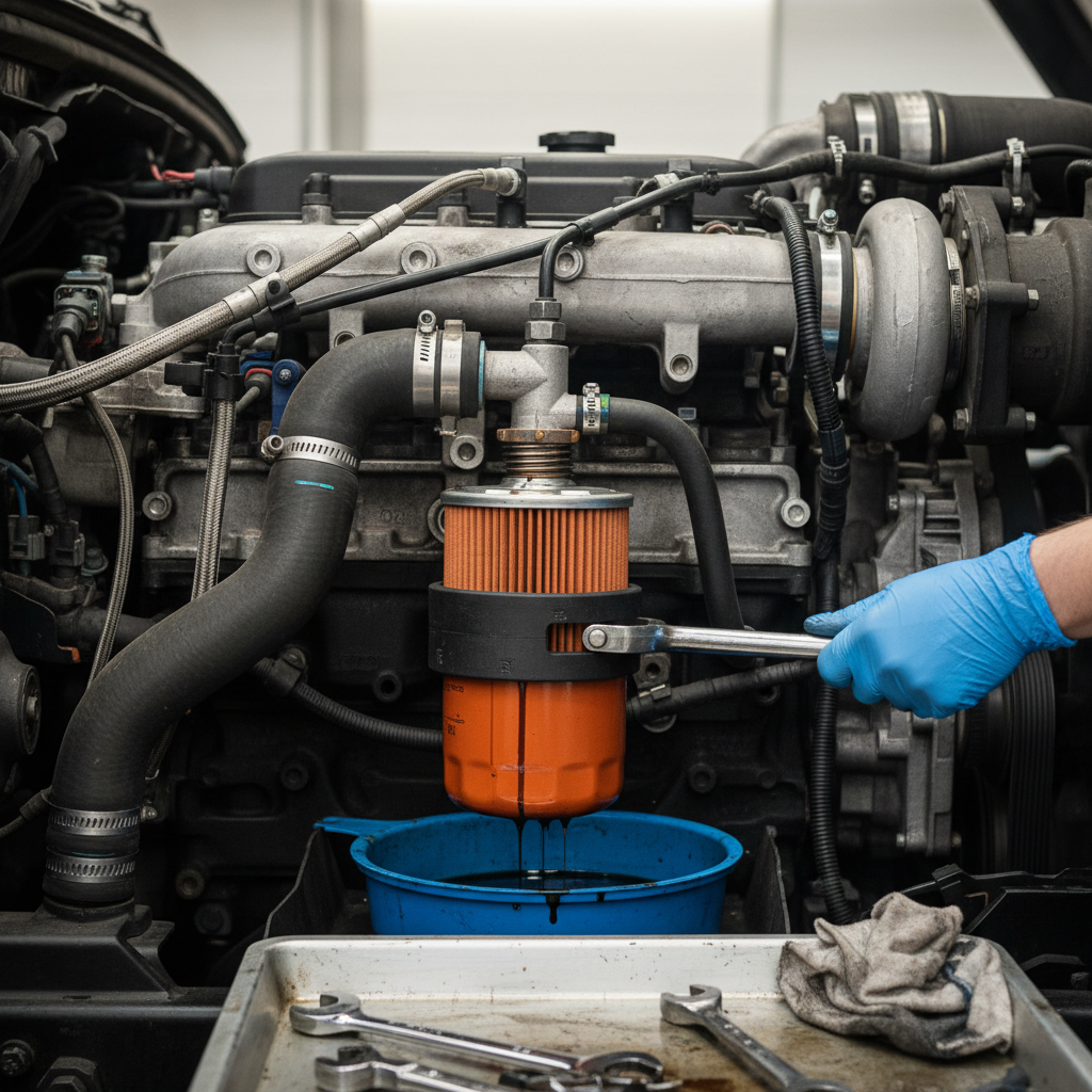 Domestic pickup truck undergoing maintenance inspection at an auto repair shop