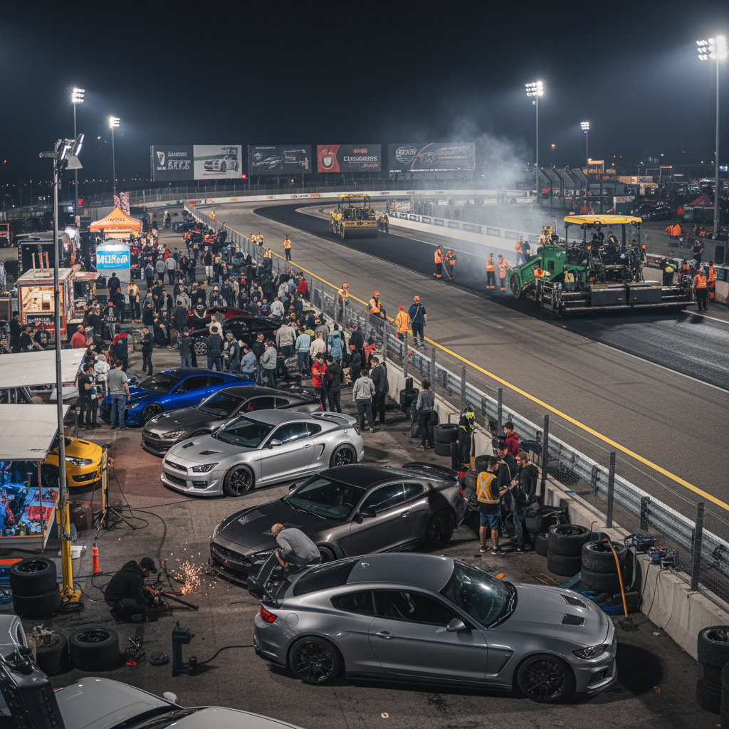 Automotive event coverage wide shot, cars on display, crowd atmosphere, dark venue lighting