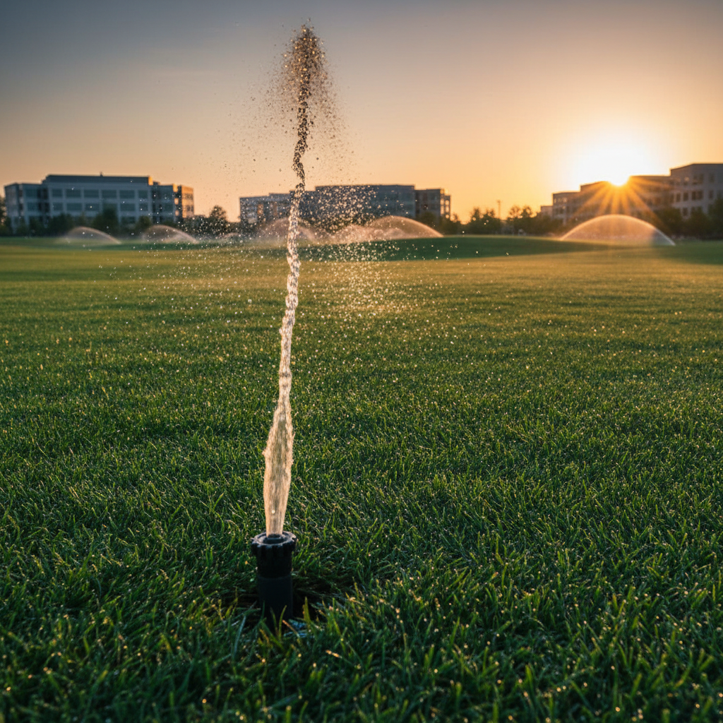 Golden hour view of emerald corporate campus turf with a pop-up irrigation rotor mid-arc throwing a crystalline fan of water catching the afternoon sun, low ground-level camera angle showing the scale of the landscape