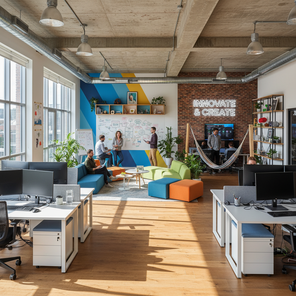 Espace de travail créatif avec ordinateurs et tablettes, ambiance startup moderne